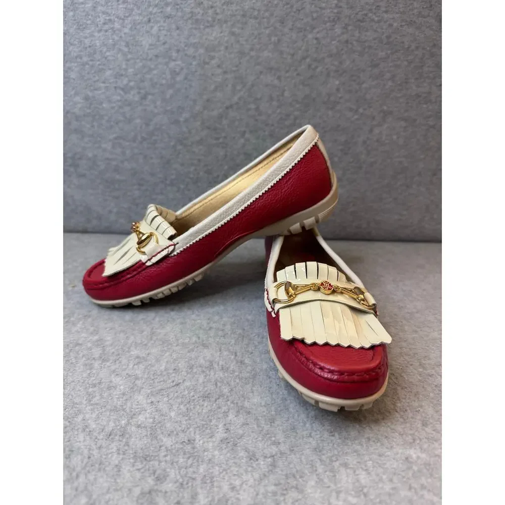 Marc Joseph NY Red Cream Leather Hand-Stitched Golf Moccasins Women’s - Size 6